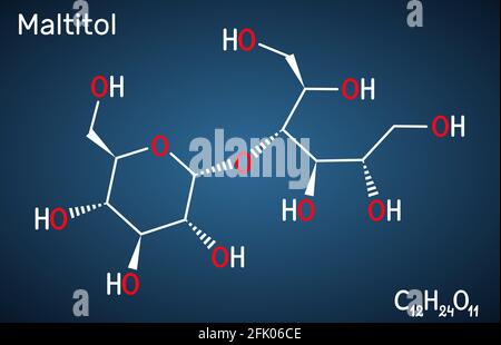 Maltitol-Molekül. Es ist Süßstoff, Zuckerersatz, Polyol, Zuckeralkohol. Strukturelle chemische Formel auf dem dunkelblauen Hintergrund Stock Vektor