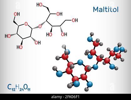 Maltitol-Molekül. Es ist Süßstoff, Zuckerersatz, Polyol, Zuckeralkohol. Strukturelle chemische Formel und Molekülmodell Stock Vektor