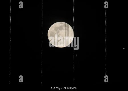 San Francisco, USA. April 2021. Der Supermond ist unter den verdrehten Seilen der Bay Bridge in San Francisco, USA, am 26. April 2021 zu sehen. Quelle: Liu Yilin/Xinhua/Alamy Live News Stockfoto