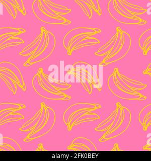 Vektor nahtloses Muster mit Illustration von Bananen in Linie Art Gelbe Farbe auf einem rosa Stock Vektor