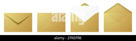 Vektor-Set von realistischen goldenen Umschlägen in verschiedenen Positionen. Gefaltetes und ausgeklappter Luxus-Umschlag-Mockup isoliert auf weißem Hintergrund. Stock Vektor