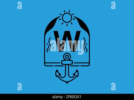 Schwarze Liniendarstellung des Anfangsbuchstabens von W in Anker Rahmendesign Stock Vektor