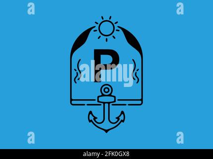 Schwarze Liniendarstellung des Anfangsbuchstabens P in Anker Rahmendesign Stock Vektor