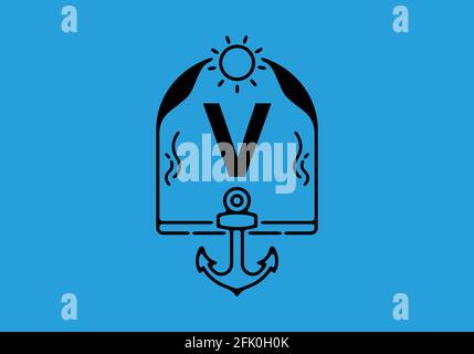 Schwarze Liniendarstellung des Anfangsbuchstabens von V in Anker Rahmendesign Stock Vektor