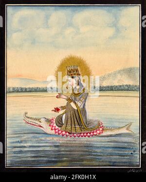 Aquarell auf Papier von Gaṅgā, die Personifizierung des heiligen Flusses Ganges aus dem frühen 19. Jahrhundert Stockfoto