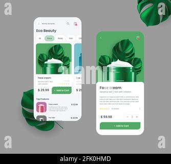Generic and fictional mobile application for online shopping with interface elements, bright 3d illustration of creme jar with palm leaves Stock Vektor