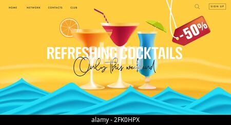 Sommerverkauf Webbanner für Promo Landing Page für Strandbar mit Cocktails Rabatte, 3d realistische Illustration Stock Vektor