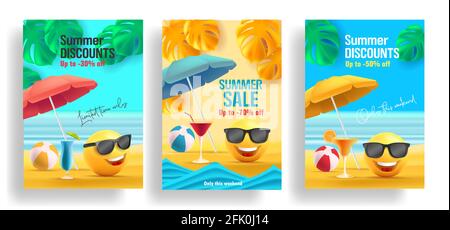 Sommer-Verkaufsposter mit 3d-Lächeln in Sonnenbrillen unter Sonne Sonnenschirm mit tropischen Blättern und Cocktails und Beachvolleyball Stock Vektor