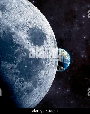 Blick auf den Mond und die Erde. Krater und Mondtäler. Mondvorposten und neue Grenzen. Ausgangspunkt für interstellare Reisen. 3d-Rendering Stockfoto