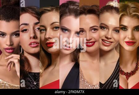 Collage von weiblichen Gesichtern mit hellem Make-up und stilvollem Schmuck. Ausdruck unterschiedlicher Gesichtsemotionen vor farbenfrohen Hintergründen. Nahaufnahme Stockfoto