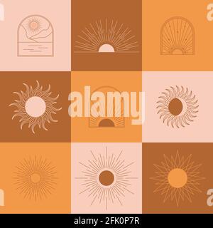 Boho lineare Sonne, Bogen, Bogen gesetzt Vektor. Terrakotta-Architekturelemente im böhmischen Stil. Tunesischer, algerischer abstrakter Druck. Böhmische Sonne, Mond, Linie Stock Vektor