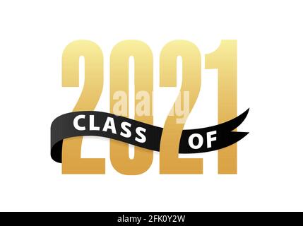 Class of 2021 Gold Lettering Graduation 3d Logo mit Band. Diplomdesign Jahrbuch Vektor Illustration Stock Vektor