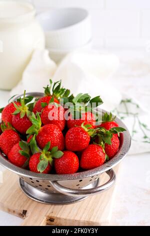 Frische Erdbeeren reifen lecker in Sieb Schüssel auf weißem Stein Hintergrund mit Kopierer Platz. Selektiver Fokus. Stockfoto