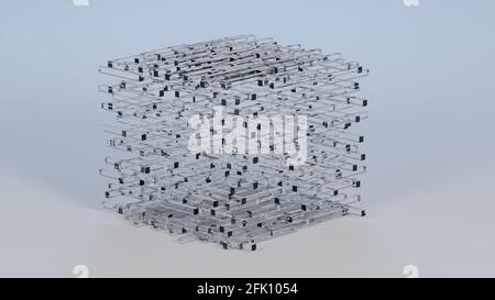 Stapel von Glasbarren/Parallelepipiden, die einen riesigen Würfel bilden. Abstrakte geometrische saubere 3D-Darstellung. Stockfoto