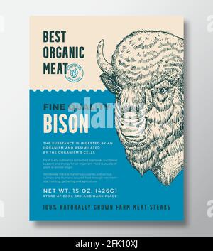 Animal Portrait Organic Meat Abstract Vector Packaging Design oder Label Template. Bison Steaks-Banner Mit Farmbebau. Moderne Typografie und handgezeichnet Stock Vektor
