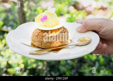 Buns Choux Gebäck mit weißer Schokolade bestreut, Stock Foto Stockfoto