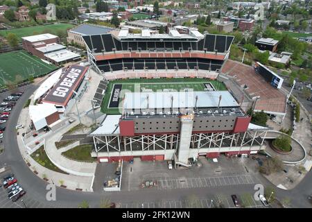 Eine Luftaufnahme des Reser Stadions auf dem Campus des Staates Oregon, Freitag, den 23. April 2021, in Corvalis, Das Stadion ist die Heimat des Oregon State B. Stockfoto