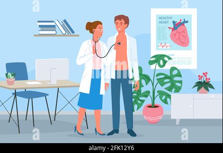 Kardiologische Medizin Termin, Arzt Kardiologe Frau mit Stethoskop und Patient Stock Vektor