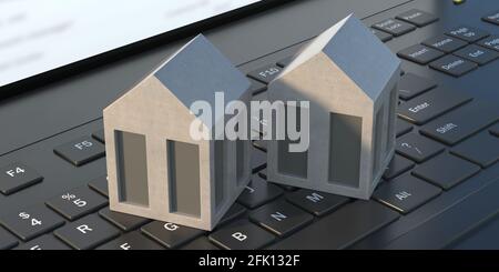 Moderne Modell Häuser auf Laptop-Tastatur Hintergrund. Technologie und Heimkonzept. Nahaufnahme von Miniatur-Immobilien auf Computertastatur, Online-Suche, b Stockfoto