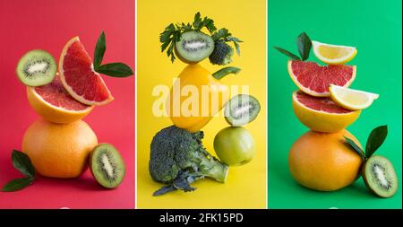 Collage aus Gemüse- und Obstpyramide im Gleichgewicht Der farbige Hintergrund Stockfoto