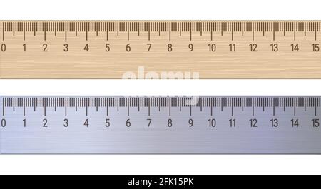 Lineale aus Holz und Metall. Messlineal 15 Zentimeter. Realistische 3D-Vektordarstellung isoliert auf weißem Hintergrund. Stock Vektor