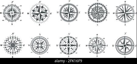 Kompass der Windrose. Vintage Marine Kompasse, nautische Segeln Navigation Reise Zeichen, Retro Pfeile Zeiger Vektor-Symbole Stock Vektor