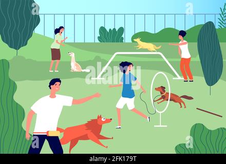 Haustiere Spielplatz. Lustige Haushunde, Männeraktivitäten. Welpen Besitzer laufen und Ausbildung. Tier-Liebhaber Gemeinschaft Vektor-Illustration Stock Vektor