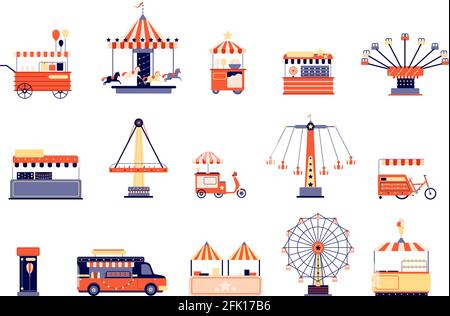 Vergnügungspark-Symbole. Unterhaltung mit Sehenswürdigkeiten der Stadt. Flacher Achterbahn und Riesenrad, Karussells-Food-Zelte. Isolierte Karneval Vektor-Elemente Stock Vektor