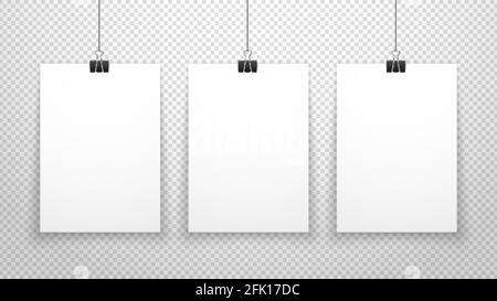 Papierposter. Weiße, leere Laken hängen an der Wand. Vorlage für drei Poster isoliert auf transparentem Hintergrund. Vector Clean-Modell Stock Vektor