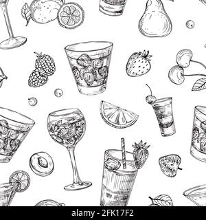 Cocktailmuster. Skizzieren Getränke und Früchte Hintergrund. Von Hand gezeichnete Getränke vektoren nahtlose Textur Stock Vektor