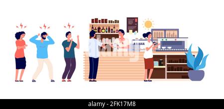 Kaffee am Morgen. Im Café stehen die Leute Schlange. Verärgerte und glückliche Büroangestellte warten Getränke Vektor-Illustration Stock Vektor