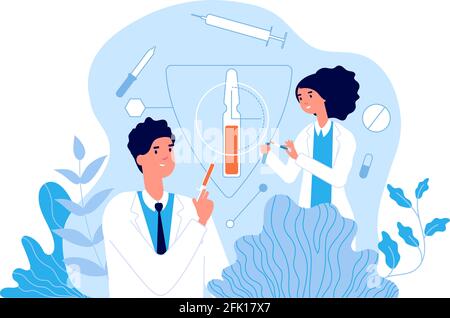 Impfung. Krankenhausteam, das Impfstoffe verwendet. Klinik Gesundheit, Ärzte schaffen innovative Grippe-Behandlung. Vektor-Konzept für Gesundheitswesen und Immunologie Stock Vektor