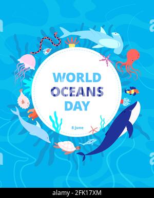 Ozeane Tag. Sauberes Meer, Erdwasser. Welt Ozean Feier Hintergrund. Wilde Tiere, Haie und Delfine. Vektorbanner für das Ökosystem der Umwelt Stock Vektor