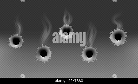 Einschusslöcher. Schusswaffe, Raucheffekt oder kriminelle Illustration. Isoliert auf transparentem Hintergrund militärische Vektor-Elemente Stock Vektor