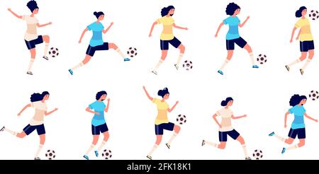 Fußballspielerinnen. Isolierte Sportler. Frauen Fußballmannschaft, nette aktive Person. Workout für Mädchen Charaktere in Uniform Vektor-Set Stock Vektor