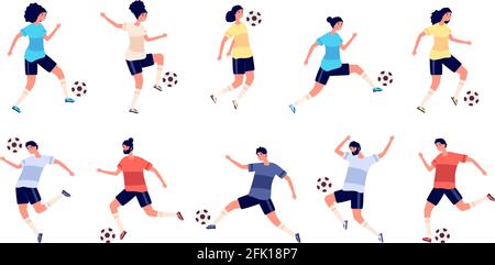 Fußballspieler. Fußballsportler, Menschen, die mit Ball spielen. Ziel und Kick des Athleten, isolierte Sportaktion und Darstellung des Trainingsvektors Stock Vektor