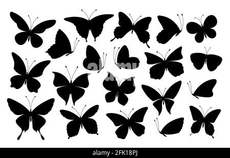 Schwarze Schmetterling Silhouetten. Schmetterlinge Symbole, fliegende Insekten. Isolierte abstrakte Kunst Frühling Symbole und Tattoo Elemente Vektor Sammlung Stock Vektor
