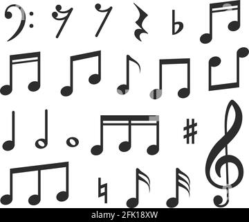 Musiknoten. Symbole für schwarze Noten mit musikalischer Melodie. Moderne grafische Elemente für Musicals, Instrumentalpartituren oder Lieder. Isolierte Vektorsymbole Stock Vektor