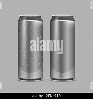 Stahlkannen. Aluminiumflaschen für Bier, Limonade oder Soda oder Energy Drink. Metallpaket mit Wassertropfen realistische Vektor-Mockup Stock Vektor