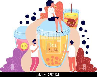 Bubble Milk Tea. Asiatische Getränke im Sommer. Männlich, weiblich mit boba-Getränk. Fliegende Tapiokabälle, Smoothie oder Eis taiwan Shake Vector Konzept Stock Vektor