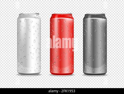 Aluminiumdosen. Realistische Wassertropfen auf Getränkepaket. Rot und Metall können auf transparentem Hintergrund isoliert werden. Vektorset für Stahlflaschen Stock Vektor