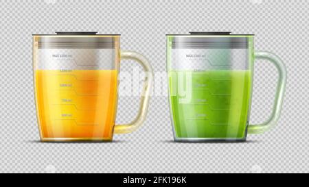 Realistische Messgläser mit Saft. Grüne und orange frischt auf. Obst Gemüse Getränke, Sommer vegane Getränke. Vektorgrafik Säfte Ernährung Stock Vektor