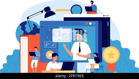 Webinar für Studenten. Computerschule, digitales Seminar. Die Gruppe der Menschen online Bildung. Professionelle Lern- oder Lecture-Vektordarstellung Stock Vektor