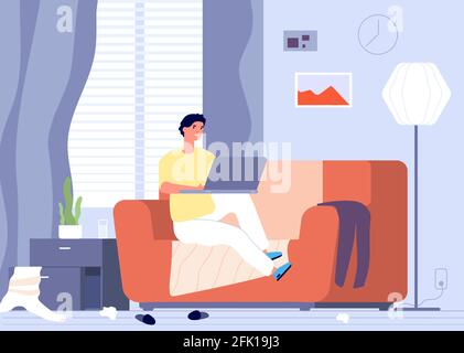 Gadget-sucht. Mann mit Laptop und Chaos im Zimmer. Freiberufler arbeitet in schmutzigem Zuhause. Männlich kommuniziert auf Internet-Vektor-Illustration Stock Vektor