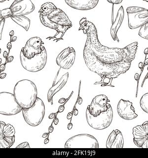 Hähnchenmuster. Handgezeichneter Kunstvogel. Frühling ostern Hintergrund. Grafische Eier, Tulpen und Hahn, Drucke für nahtlose Paketvektoren-Textur Stock Vektor