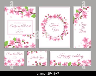 Sakura-Karten. Kirschblüten Hochzeitseinladung. Rosa japanische chinesische Blumenpostkarte. Gruß mit Blumen, speichern Datum Vektor Illustration Stock Vektor