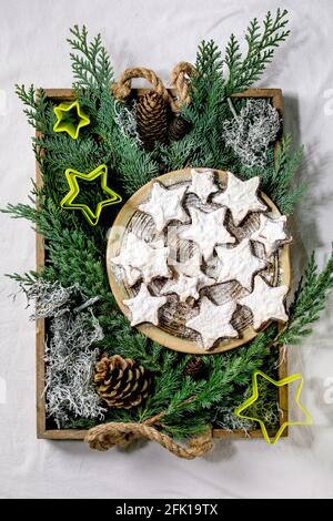 Hausgemachte Kakaomandelgebäck in Sternform mit weißer Glasur und Puderzucker. Auf Keramikplatte mit Weihnachtssternen Plätzchen Ausstecher, thuja Zweige, decoratio Stockfoto