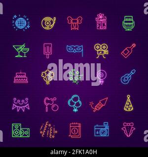 Symbole für Geburtstagsfeiern. Neon-Feier glühen Elemente. Beleuchtungsgeschenk, Feuerwerk-Cocktail und Eis. Café, Club oder Bar, Präsentation Web-Design Stock Vektor