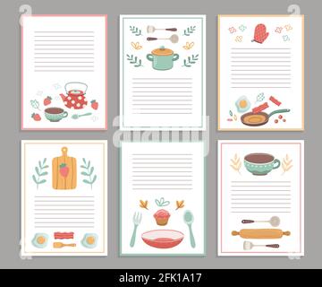 Rezeptkarten. Kochbuch leere Seiten. Kochbuch-Aufkleber, niedliches Heimmenü. Banner zum Backen Kochen mit Doodle Küchenwerkzeuge Vektor-Set Stock Vektor