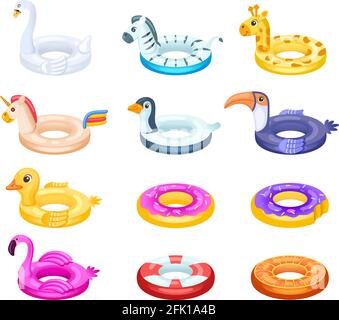 Gummiringe. Schwimmring, aufblasbarer Lebensretter für Pool. Isolierter Seerettungsschwimmer, Einhorn, Donut und Ente. Vector Badeset Stock Vektor